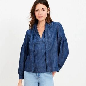 LOFT tie neck denim top